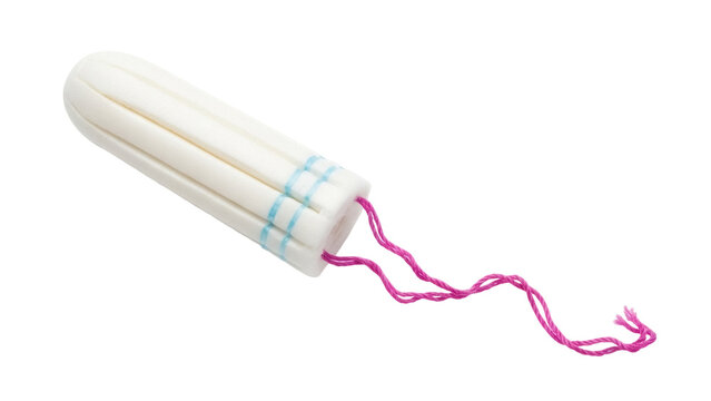 Isolated tampon product for menstrual hygiene and feminine care with pink string, no background