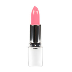 Pink lipstick in silver case on transparent background