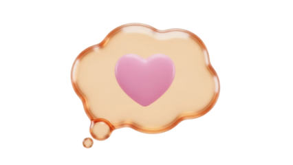 Isolated glossy caramel speech bubble with pink heart shape, 3D render, illustration