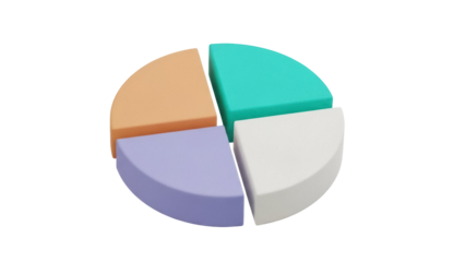 Isolated pie chart cut into four pieces of different colors for data visualization purposes