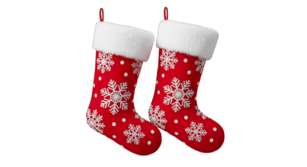 Pair of red christmas stockings with white snowflakes, isolated on transparent background