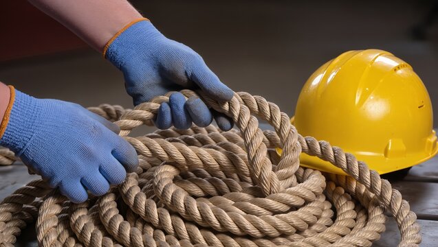 Close-up of hands in blue gloves holding thick natural fiber rope, yellow safety helmet nearby, illustrating rigging work, slinger tasks, industrial lifting, and workplace safety