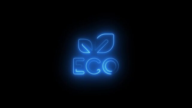Blue Neon Eco Logo With Leaves On Black Background