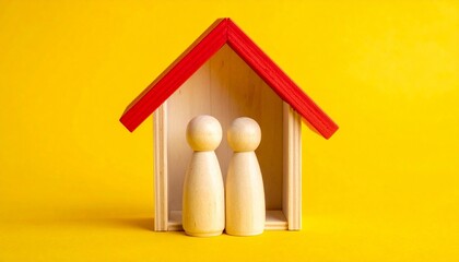 Two wooden peg people in a small house with red roof on yellow background representing home ownership family life and real estate security