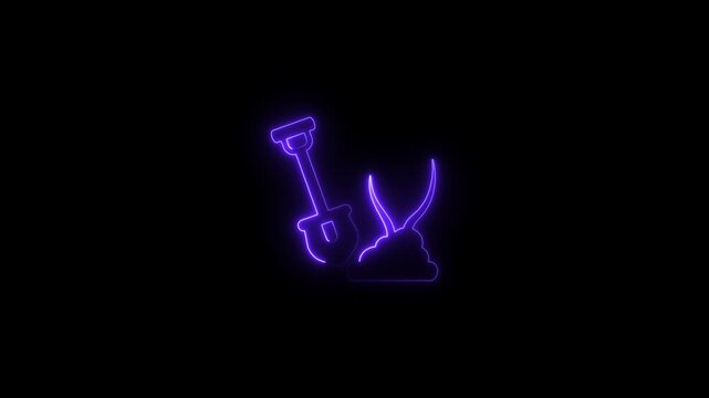 Purple neon shovel digging dirt icon on black background Keywords: shovel, digging, dirt, soil