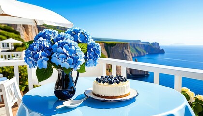 A cup of coffee, a cake, blue hydrangeas on a table and a view of the ocean with cliffs above, white balcony, beautiful landscape, blue sky, white tables and vases,