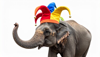 Obraz premium Elephant wearing a colorful jester hat with bells on a white background representing entertainment humor and playful circus concepts