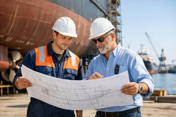 Two male engineers reviewing blueprints at a shipyard, showcasing collaboration and expertise in a marine setting.
