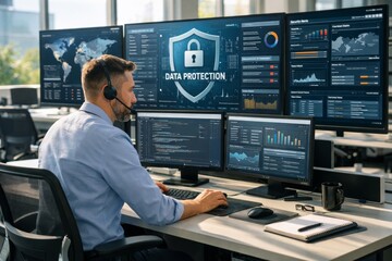 A focused male cybersecurity analyst working on multiple screens in a modern office, emphasizing data protection and security analysis.