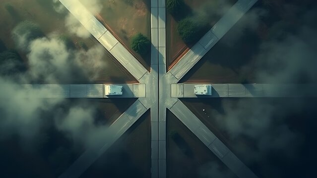 divergence. Aerial view of a diverging path symbolizing life choices, with atmospheric lighting and natural surroundings. wellbeing guides.