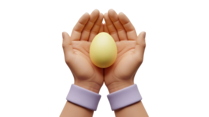 Isolated hands holding a pale yellow egg, healthy food, easter holiday and fresh farm eggs