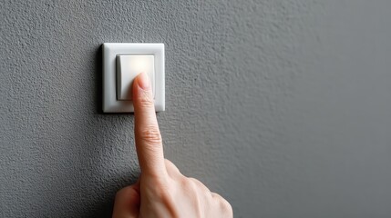 Close-up of a Hand Pressing a Modern Light Switch on a Gray Wall in a Contemporary Interior Space for Home Design or Renovation Purposes