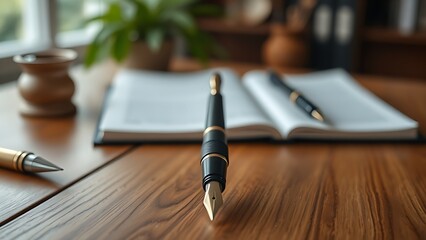nib. Elegant fountain pen resting on a wooden surface with soft focus background. lifestyle magazines, social media lookbooks, designed for lifestyle magazines and social media content.