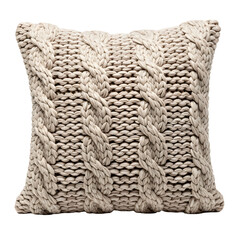 Knitted beige cable pillow on transparent background