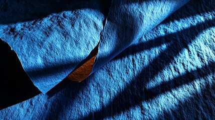 Textured blue surface with dramatic light and shadow reveals a golden brown layer underneath