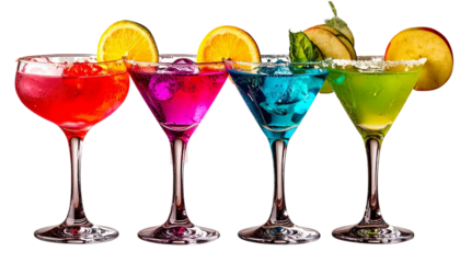 Cosmopolitan, Aviation, Glacier Martini, Appletini cocktail transparent PNG set bundle, isolated background. Colorful vibrant summer cocktails with garnish, bar menu drinks on a white and transparent 