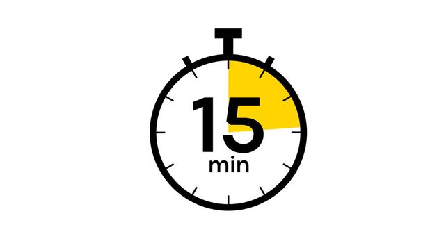 Animation of timer clock icon with 20 minute with wipe circle yellow. Stopwatch icon in flat style 20 to 0 minute isolated on white background.