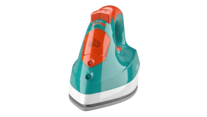 Isolated electric clothes iron appliance object in turquoise and red against no background