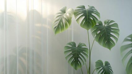Green palm with reeded glass. Ribbed Background. Summer concept with blurred luxury wall. Premium spa-inspired texture for zen aesthetic behind frosted panel. Plant leaves. White Reeded Glass.