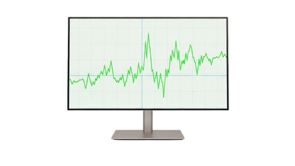 Isolated computer monitor displays green line graph on screen, technical analysis display