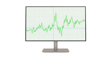 Isolated computer monitor displays green line graph on screen, technical analysis display