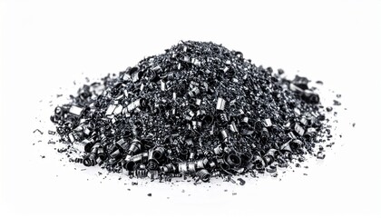 Large pile of dark metal shavings on a white background representing industrial manufacturing metalwork waste and material recycling