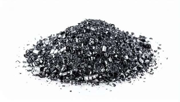 Large pile of dark metal shavings on a white background representing industrial manufacturing metalwork waste and material recycling