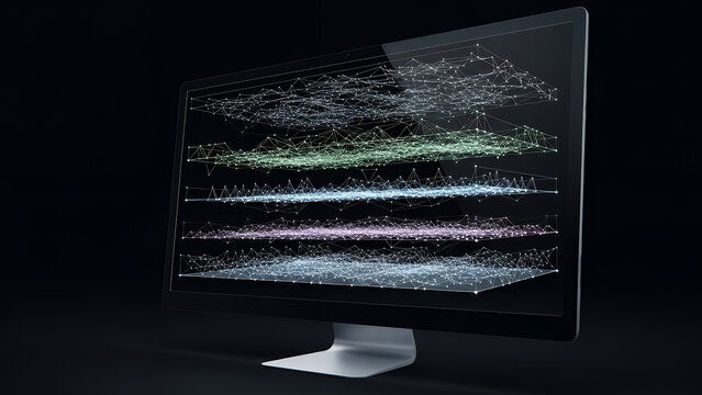 Modern computer monitor with an alpha channel screen displaying a digital world map globe to represent global internet technology and business communication on a flat LCD display equipment - Powered by Adobe