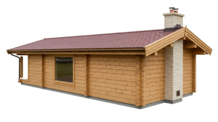 Isolated wood cabin with chimney on flat land outdoors on a sunny day in a natural light