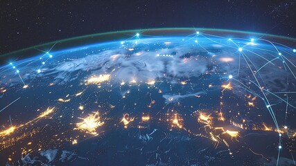 Earth at night, with a web of connecting lines in space