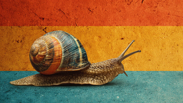 A close-up shot of a snail crawling on a surface, with a colorful background. The snail's shell and body are the focal point
