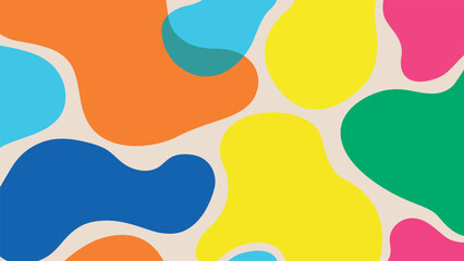 Colorful abstract shapes overlap on a cream background creating a playful design.