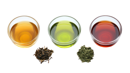 Japanese wellness drinks with green tea brown rice tea and herbal infusions on transparent background
