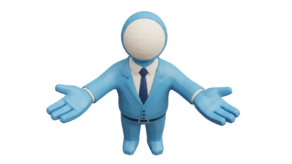 Isolated figure in blue suit, arms outstretched as if offering a warm welcome or invitation