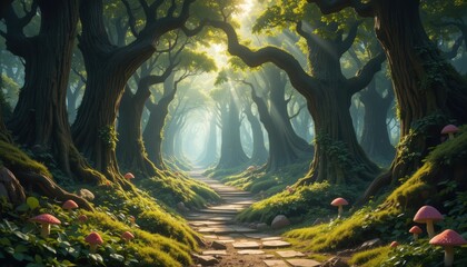 Pathway through a dense forest with large trees and small mushrooms Generative AI