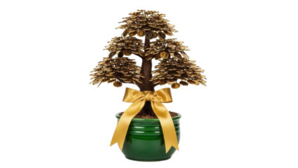 Isolated money tree in green pot with golden ribbon, Feng Shui traditional oriental art
