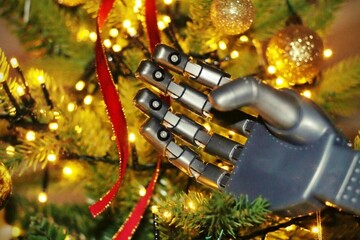 Futuristic Christmas tree with a humanoid robot hand holding a shiny and glitter futuristic black ornament with blue light and circuit print putting it on the Christmas tree.