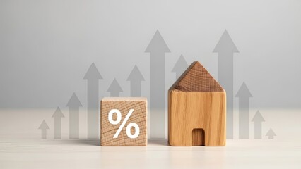 Increasing housing market concept with wooden house and percentage sign