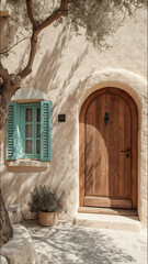 Mediterranean house facade with wooden arched door and turquoise shutters
