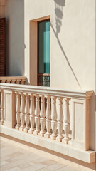 Mediterranean balcony facade with stone balustrade soft sunlight and shadow