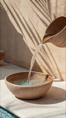 Minimal ceramic bowl with pouring water in sunlit Mediterranean setting