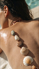 Spa wellness concept with seashells and stones on sunlit skin by the sea