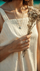 Minimal summer woman holding dried flowers in linen dress with soft sunlight