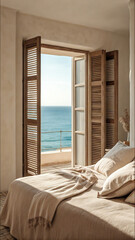 Minimal bedroom interior with open wooden shutters and sea view balcony