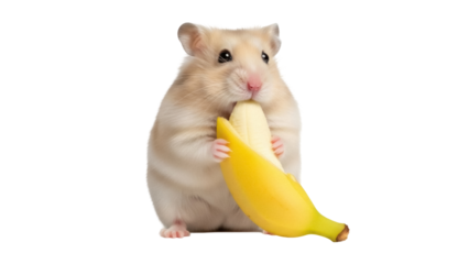 Isolated Cute hamster eating banana in studio, rodent, golden, small, and funny pet