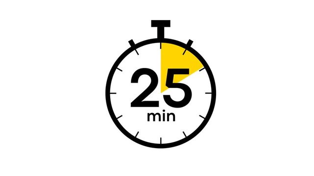 Animation of timer clock icon with 30 minute with wipe circle yellow. Stopwatch icon in flat style 30 to 0 minute isolated on white background.