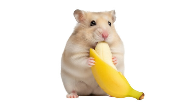 Isolated Cute hamster eating banana in studio, rodent, golden, small, and funny pet