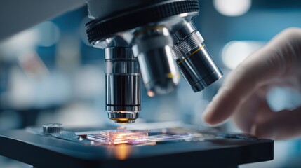 Close-Up View of Microscope Lens Focusing on Glass Slide with Colorful Specimen Under Illumination in a Modern Laboratory Setting