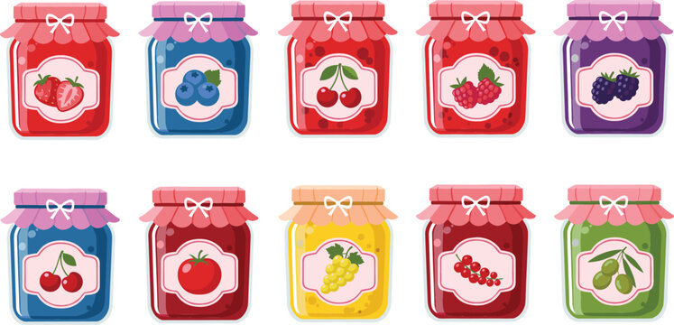 Cute fruit jam jar vector set with strawberry, blueberry, cherry, grape, and apple preserves, colorful packaging illustration for food and kitchen designs