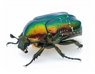 Naklejka premium Shiny, iridescent beetle on white, detailed macro